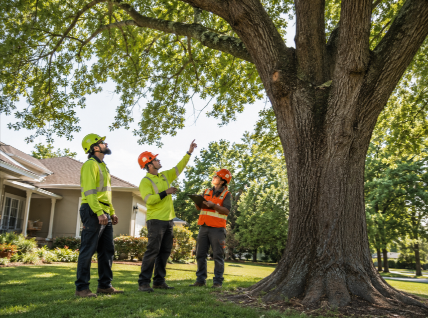 Tree trimming team inspecting a mature tree before safe cutting work.